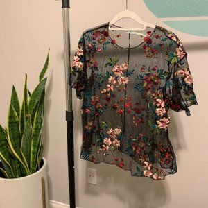 Floral Print Mesh Black Embroidery Top Size S